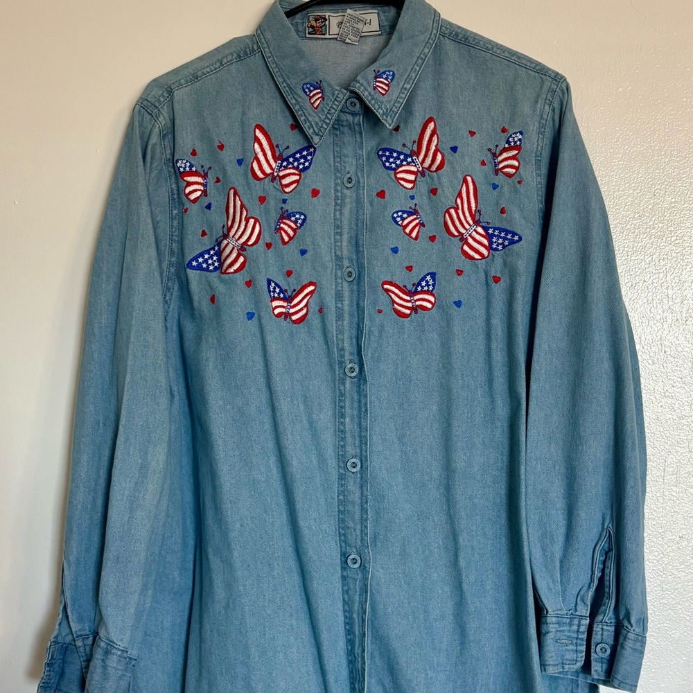 Denim Shirt with Patriotic Butterfly Embroidery